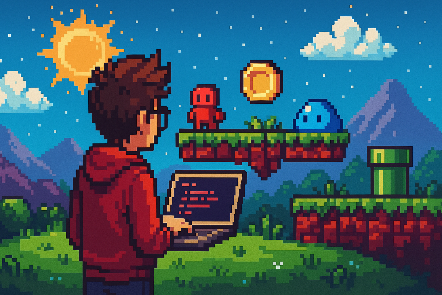 A pixelart image of a person coding on a laptop in a fantasy world