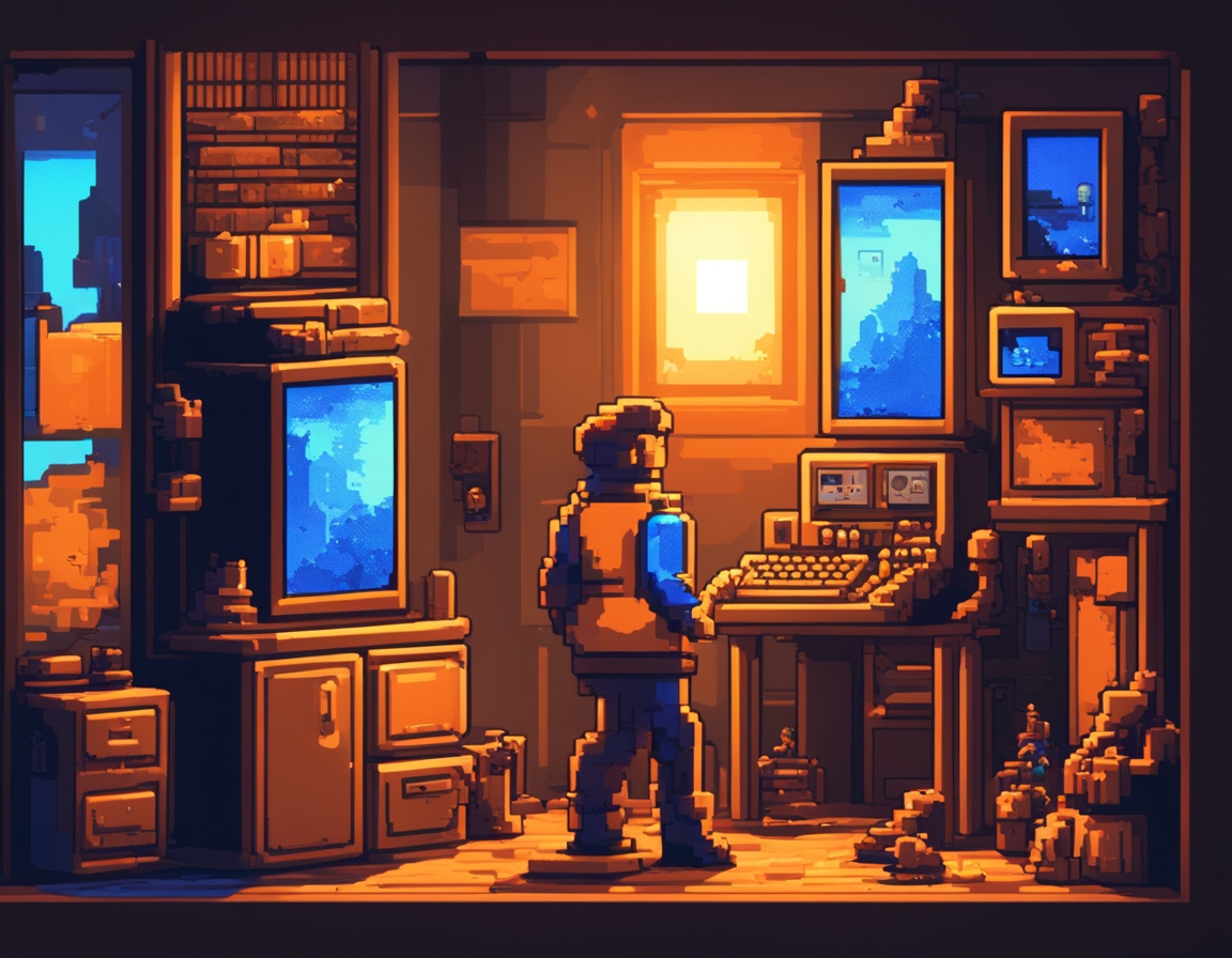 A pixel art character in a room full of computers